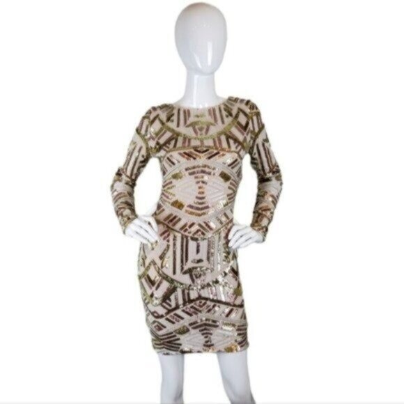 Dress The Population Sequin Long Sleeve Mini Dress Gold Multi XS - Picture 1 of 7